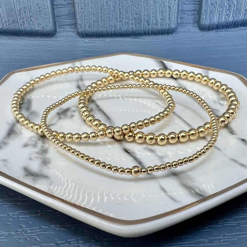 π Set of 2mm 3mm 4mm 14k Gold Filled Beaded Stretch Bracelets - Picture 9 of 9